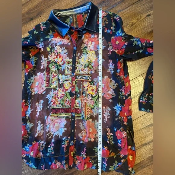 Aratta Silent Journey Women's M Floral Multi Color Trim Velvet Bohemian Top